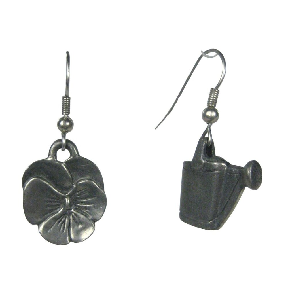 PP Garden Pansy Watering Can Earring Pierced Jewelry Pewter Hook